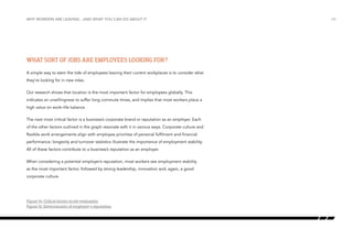 why workers are leaving…and what you can do about it

What sort of jobs are employees looking for?
A simple way to stem the tide of employees leaving their current workplaces is to consider what
they’re looking for in new roles.
Our research shows that location is the most important factor for employees globally. This
indicates an unwillingness to suffer long commute times, and implies that most workers place a
high value on work–life balance.
The next most critical factor is a business’s corporate brand or reputation as an employer. Each
of the other factors outlined in the graph resonate with it in various ways. Corporate culture and
flexible work arrangements align with employee priorities of personal fulfilment and financial
performance; longevity and turnover statistics illustrate the importance of employment stability.
All of these factors contribute to a business’s reputation as an employer.
When considering a potential employer’s reputation, most workers see employment stability
as the most important factor, followed by strong leadership, innovation and, again, a good
corporate culture.

Figure 14: Critical factors in job evaluation
Figure 15: Determinants of employer’s reputation

/34

 
