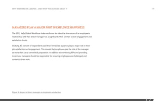 why workers are leaving…and what you can do about it

Managers play a major part in employee happiness
The 2013 Kelly Global Workforce Index reinforces the idea that the nature of an employee’s
relationship with their direct manager has a significant effect on their overall engagement and
satisfaction levels.
Globally, 63 percent of respondents said their immediate superior plays a major role in their
job satisfaction and engagement. This reveals that employees see the role of the manager
as more than just a carrot/stick proposition. In addition to monitoring KPIs and providing
incentives, managers should be responsible for ensuring employees are challenged and
content in their work.

Figure 16: Impact of direct manager on employee satisfaction

/39

 