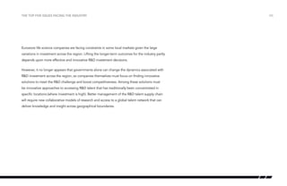 the top five issues facing the industry

Eurozone life science companies are facing constraints in some local markets given the large
variations in investment across the region. Lifting the longer-term outcomes for the industry partly
depends upon more effective and innovative R&D investment decisions.
However, it no longer appears that governments alone can change the dynamics associated with
R&D investment across the region, so companies themselves must focus on finding innovative
solutions to meet the R&D challenge and boost competitiveness. Among these solutions must
be innovative approaches to accessing R&D talent that has traditionally been concentrated in
specific locations (where investment is high). Better management of the R&D talent supply chain
will require new collaborative models of research and access to a global talent network that can
deliver knowledge and insight across geographical boundaries.

/06

 