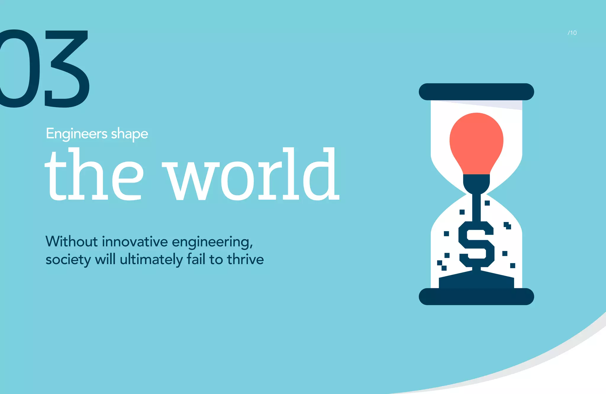 03

Engineers shape

the world
Without innovative engineering,
society will ultimately fail to thrive

/10

 