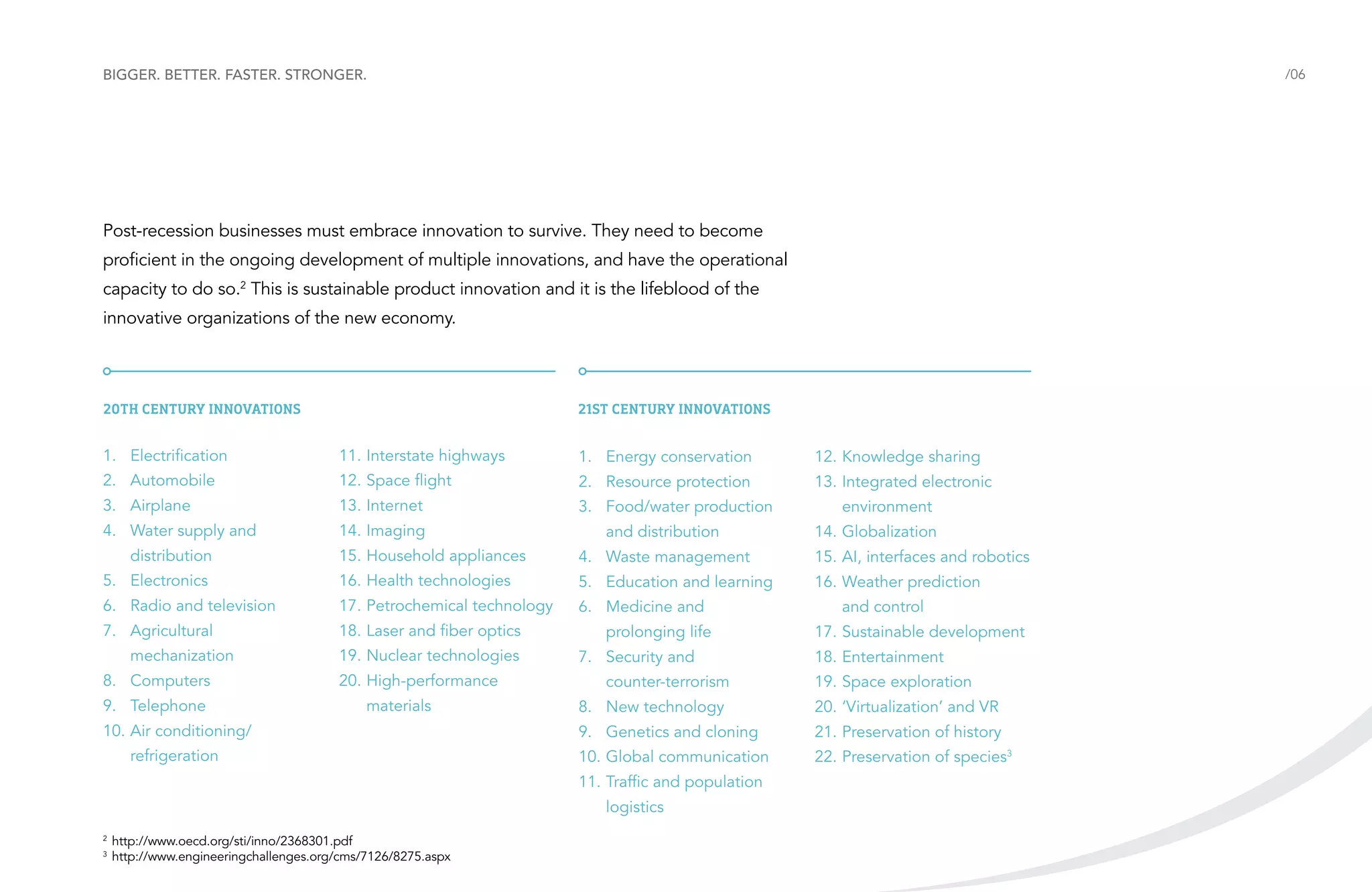 Bigger. Better. Faster. Stronger.

/06

Post-recession businesses must embrace innovation to survive. They need to become
proficient in the ongoing development of multiple innovations, and have the operational
capacity to do so.2 This is sustainable product innovation and it is the lifeblood of the
innovative organizations of the new economy.

20th Century Innovations

21st Century Innovations

1. 	 Electrification

11. 	nterstate highways
I

1. 	 Energy conservation

12. 	 nowledge sharing
K

2. 	 Automobile

12. 	 pace flight
S

2. 	 Resource protection

13. 	ntegrated electronic
I

3. 	 Airplane

13. 	Internet

3. 	 Food/water production

4. 	 Water supply and

14. 	Imaging

distribution

and distribution

environment
14. 	Globalization

15. 	 ousehold appliances
H

4. 	 Waste management

15. 	 I, interfaces and robotics
A

5. 	 Electronics

16. 	 ealth technologies
H

5. 	 Education and learning

16. 	 eather prediction
W

6. 	 Radio and television

17. 	 etrochemical technology
P

6. 	 Medicine and

7. 	 Agricultural

18. 	 aser and fiber optics
L

mechanization
8. 	 Computers
9. 	 Telephone

19. 	 uclear technologies
N
20. 	High-performance
materials

10. 	 ir conditioning/
A
refrigeration

prolonging life
7. 	 Security and
counter-terrorism

	http://www.oecd.org/sti/inno/2368301.pdf
	http://www.engineeringchallenges.org/cms/7126/8275.aspx

18. 	Entertainment
19. 	 pace exploration
S
20. 	Virtualization’ and VR
‘

9. 	 Genetics and cloning

21. 	 reservation of history
P

10. 	 lobal communication
G

22. 	 reservation of species3
P

logistics
3

17. 	 ustainable development
S

8. 	 New technology

11. 	 raffic and population
T

2

and control

 