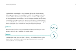 Legislative variation

/08

This significantly limits the ways in which companies can hire staff through agencies.
Staffing agents can ‘second’ their employees to work for client companies under what
is termed a ‘labour dispatch‘ arrangement, but there are restrictions on the length of
China

Philippines

Vietnam

the assignment and on the proportion of staff that individual companies can hire via this
method. Often, contingent workers have significant entitlements in China and therefore
are less flexible than they can be in other countries. And, contract labour has the right to
receive equal pay for equal work within the same job category and job scope.
Aust/NZ

Indonesia

Japan

Indonesia

Widespread labour protests have prompted Indonesia’s Manpower Ministry to issue a
decree to restrict the use of temporary and contract workers.
China

Philippines

Vietnam

Vietnam
The new Labour Code, which took effect in May 2013, will legalise the practice of subleasing workers —a hybrid of temporary staffing and labour outsourcing—and add
protections for the sub-leased workers.

Aust/NZ

Japan

Indonesia

 