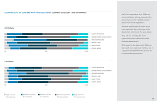 50%
50%
15
Half of all respondents from SMEs are
concerned about pricing pressure in the
external environment and 26 percent
about the internal implications.
However these smaller firms are much
more optimistic than their larger rivals
about client retention in the year ahead.
They are also considerably more
optimistic than the others about new
business development.
With regard to the sales cycle, SMEs are
also much more optimistic that they are in
a position to benefit from the current lift
in the business environment.
/ external
/ current level of concern with these factors BY company category—SME Enterprises
/ internal
client retention
client retention
pricing pressure
pricing pressure
new business development
new business development
project size
project size
sales cycle
sales cycle
social media
social media
0%
0%
100%
100%
High concern
for worsening
Moderate concern
for worsening
Neither concern
nor optimism
Moderate optimism
for improvement
High optimism
for improvement
 
