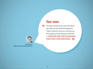 The best companies are very clear about
who they are and what they represent.
They’re authentic and true, and they use
their people to help represent what that
is. From day one they’re building
trust with their employees.
Clear vision
Nate Butki,
Great Place to Work Institute
“
”
 