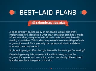HR and marketing must align
A good strategy, backed up by an actionable tactical plan that’s
implemented with discipline is what great employer branding is made
of. Yet, too often, companies hold all their cards until they formally
employ a candidate. This is when they reveal the true workings of their
organization—and this is precisely the opposite of what candidates
now want, need and expect.
So, how do you get off on the right foot with the talent you’re seeking?
Developing strong links between HR and Marketing so that the
organization speaks with one voice, and as one, clearly differentiated
brand across the entire globe, is the aim.
BEST-LAID PLANS
 
