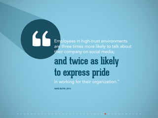 Employees in high-trust environments
are three times more likely to talk about
their company on social media;
in working for their organization.”
and twice as likely
to express pride
Nate Butki, 2013
“
 