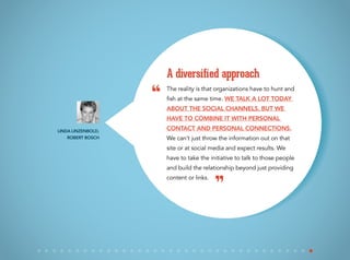 The reality is that organizations have to hunt and
fish at the same time. We talk a lot today
about the social channels, but we
have to combine it with personal
contact and personal connections.
We can’t just throw the information out on that
site or at social media and expect results. We
have to take the initiative to talk to those people
and build the relationship beyond just providing
content or links.
A diversified approach
Linda Linzenbold,
Robert Bosch
“
”
 