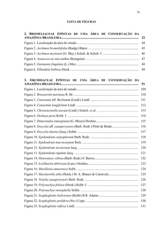 ix
LISTA DE FIGURAS
2. BROMELIACEAE EPÍFITAS DE UMA ÁREA DE CONSERVAÇÃO DA
AMAZÔNIA BRASILEIRA.............................................................................................. 22
Figura 1. Localização da área de estudo........................................................................... 44
Figura 2. Aechmea bromeliifolia (Rudge) Baker………………….................................. 45
Figura 3. Aechmea mertensii (G. Mey.) Schult. & Schult. f. ........................................... 46
Figura 4. Araeococcus micranthus Brongniart………………………………………….. 47
Figura 5. Guzmania lingulata (L.) Mez............................................................................. 48
Figura 6. Tillandsia bulbosa Hook ................................................................................... 49
3. ORCHIDACEAE EPÍFITAS DE UMA ÁREA DE CONSERVAÇÃO DA
AMAZÔNIA BRASILEIRA............................................................................................... 51
Figura 1. Localização da área de estudo............................................................................ 109
Figura 2. Brassavola martiana R. Br. .............................................................................. 110
Figura 3. Catasetum aff. Barbatum (Lindl.) Lindl. .......................................................... 111
Figura 4. Catasetum longifolium Lindl. ........................................................................... 112
Figura 5. Christensonella uncata (Lindl.) Szlach. et al. .................................................. 113
Figura 6. Dichaea picta Rchb. f. ...................................................................................... 114
Figura 7. Dimerandra emarginata (G. Meyer) Hoehne.................................................... 115
Figura 8. Encyclia aff. yauaperyensis (Barb. Rodr.) Pôrto & Brade................................. 116
Figura 9. Encyclia diurna (Jacq.) Schltr. ........................................................................ 117
Figura 10. Epidendrum carpophorum Barb. Rodr. .......................................................... 118
Figura 11. Epidendrum macrocarpum Rich. .................................................................... 119
Figura 12. Epidendrum nocturnum Jacq. ......................................................................... 120
Figura 13. Epidendrum rigidum Jacq. .............................................................................. 121
Figura 14. Heterotaxis villosa (Barb. Rodr.) F. Barros...................................................... 122
Figura 15. Lockhartia imbricata (Lam.) Hoehne.............................................................. 123
Figura 16. Maxillaria amazonica Schlt. ........................................................................... 124
Figura 17. Maxilariella alba (Hook.) M. A. Blanco & Carnevali..................................... 125
Figura 18. Notylia yauaperyensis Barb. Rodr. ................................................................. 126
Figura 19. Polystachya foliosa (Hook.) Rchb. f. .............................................................. 127
Figura 20. Polystachya stenophylla Schltr. …………………………………………….. 128
Figura 21. Scaphyglottis boliviensis (Rolfe) B.R. Adams................................................. 129
Figura 22. Scaphyglottis prolifera (Sw.) Cogn. ................................................................ 130
Figura 23. Scaphyglottis reflexa Lindl. ............................................................................ 131
 