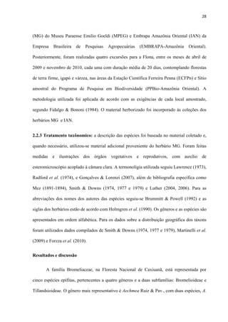28 
 
(MG) do Museu Paraense Emilio Goeldi (MPEG) e Embrapa Amazônia Oriental (IAN) da
Empresa Brasileira de Pesquisas Agropecuárias (EMBRAPA-Amazônia Oriental).
Posteriormente, foram realizadas quatro excursões para a Flona, entre os meses de abril de
2009 e novembro de 2010, cada uma com duração média de 20 dias, contemplando florestas
de terra firme, igapó e várzea, nas áreas da Estação Científica Ferreira Penna (ECFPn) e Sítio
amostral do Programa de Pesquisa em Biodiversidade (PPBio-Amazônia Oriental). A
metodologia utilizada foi aplicada de acordo com as exigências de cada local amostrado,
segundo Fidalgo & Bononi (1984). O material herborizado foi incorporado às coleções dos
herbários MG e IAN.
2.2.3 Tratamento taxônomico: a descrição das espécies foi baseada no material coletado e,
quando necessário, utilizou-se material adicional proveniente do herbário MG. Foram feitas
medidas e ilustrações dos órgãos vegetativos e reprodutivos, com auxílio de
esteromicroscópio acoplado à câmara clara. A termonoligia utilizada seguiu Lawrence (1973),
Radford et al. (1974), e Gonçalves & Lorenzi (2007), além de bibliografia específica como
Mez (1891-1894), Smith & Downs (1974, 1977 e 1979) e Luther (2004, 2006). Para as
abreviações dos nomes dos autores das espécies seguiu-se Brummitt & Powell (1992) e as
siglas dos herbários estão de acordo com Holmgren et al. (1990). Os gêneros e as espécies são
apresentados em ordem alfabética. Para os dados sobre a distribuição geográfica dos táxons
foram utilizados dados compilados de Smith & Downs (1974, 1977 e 1979), Martinelli et al.
(2009) e Forzza et al. (2010).
Resultados e discussão
A família Bromeliaceae, na Floresta Nacional de Caxiuanã, está representada por
cinco espécies epífitas, pertencentes a quatro gêneros e a duas subfamílias: Bromelioideae e
Tillandsioideae. O gênero mais representativo é Aechmea Ruiz & Pav., com duas espécies, A.
 