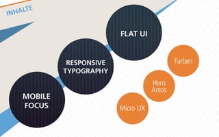 INHALTE 
FLAT UI 
RESPONSIVE 
TYPOGRAPHY 
MOBILE 
FOCUS 
Farben 
Hero 
Areas 
Micro UX 
 