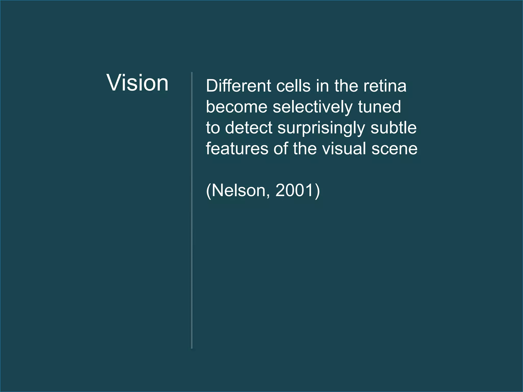 Vision   Different cells in the retina
         become selectively tuned
         to detect surprisingly subtle
         features of the visual scene

         (Nelson, 2001)
 