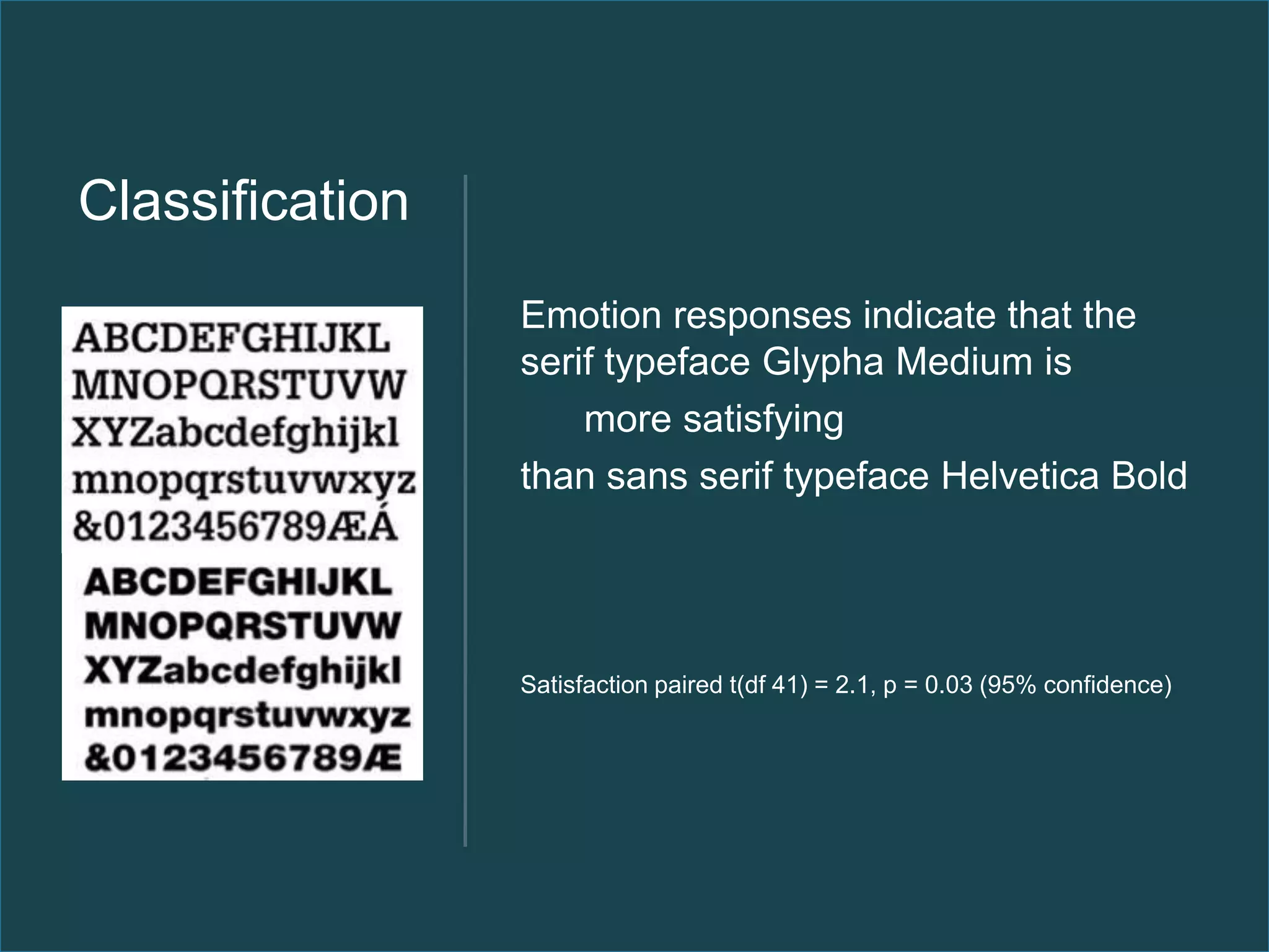 Classification
                 Emotion responses indicate that the
                 serif typeface Glypha Medium is
                     more satisfying
                 than sans serif typeface Helvetica Bold




                 Satisfaction paired t(df 41) = 2.1, p = 0.03 (95% confidence)
 