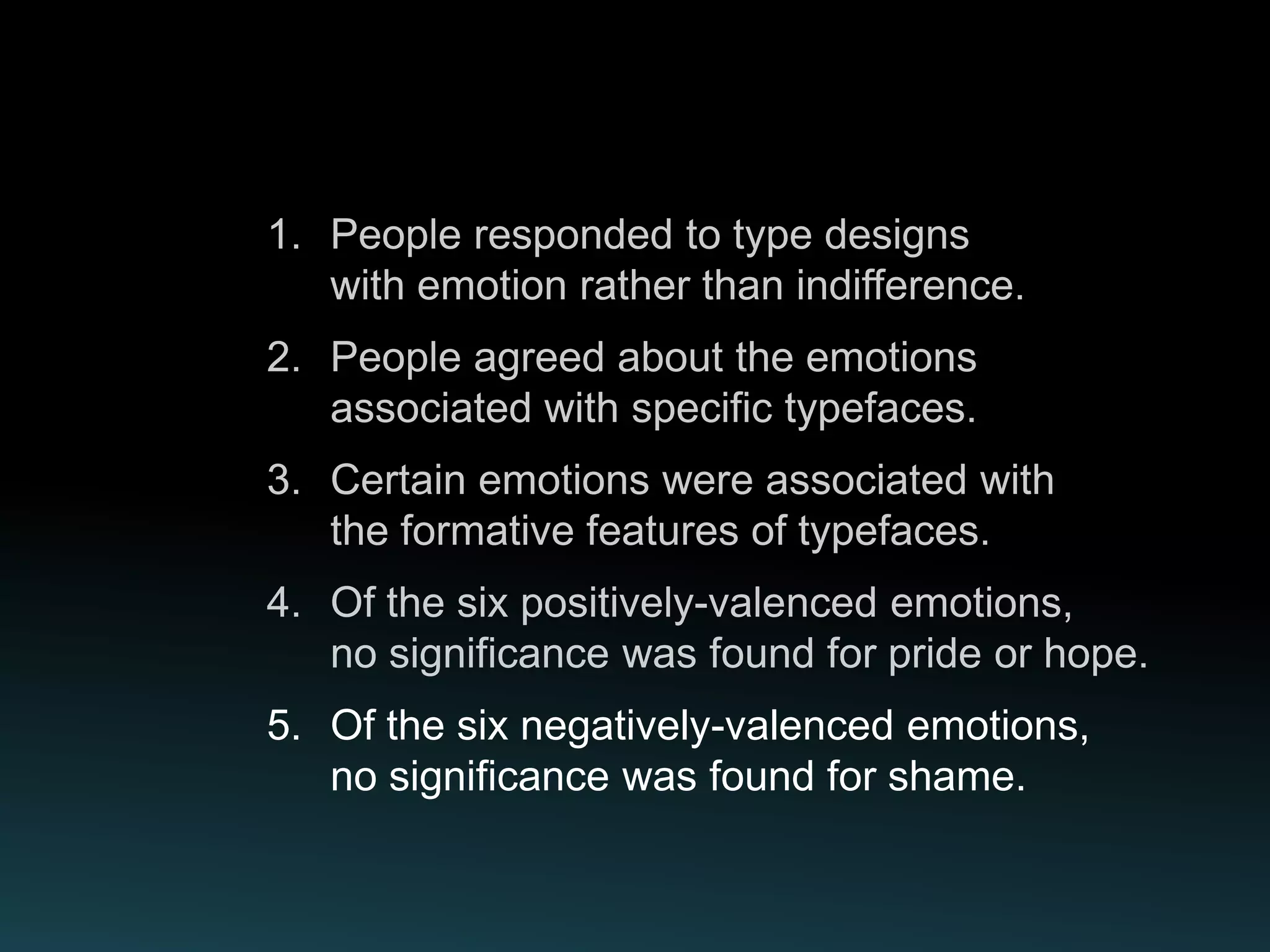 5. Of the six negatively-valenced emotions,
   no significance was found for shame.
 