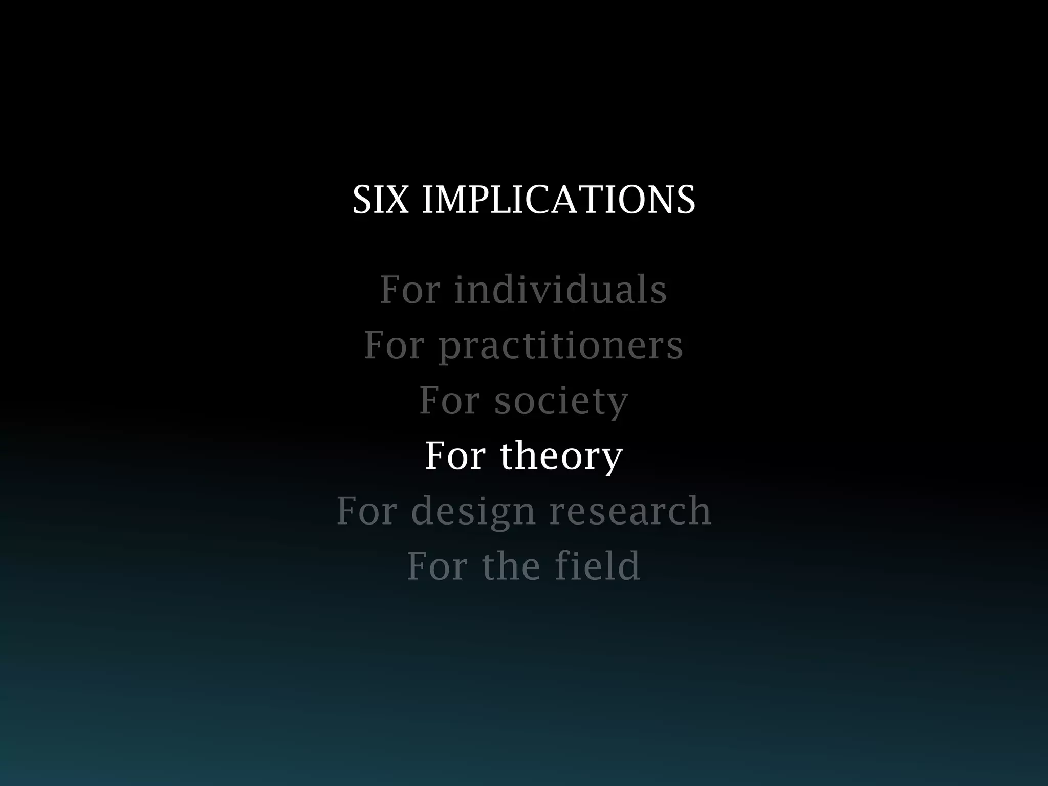 SIX IMPLICATIONS




   For theory
 