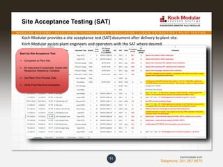 M O D U L A R S Y S T E M S | D E V E L O P I N G T E C H N O L O G I E S | D I S T I L L A T I O N | L I Q U I D E X T R A C T I O N | P I L O T T E S T I N G
Telephone: 201.267.8670
kochmodular.com
Site Acceptance Testing (SAT)
11
Start-Up Site Acceptance Test
 Completed at Plant Site
 All Instrument Functionality Tested with
Respective Reference Variables
 Use Real-Time Process Data
 Verify Field Electrical Installation
Koch Modular provides a site acceptance test (SAT) document after delivery to plant site.
Koch Modular assists plant engineers and operators with the SAT where desired.
 