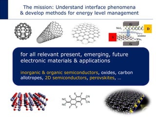 The mission: Understand interface phenomena
& develop methods for energy level management
for all relevant present, emergi...