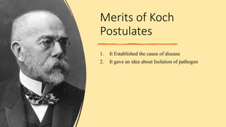 Merits of Koch
Postulates
1. It Established the cause of disease
2. It gave an idea about Isolation of pathogen
 