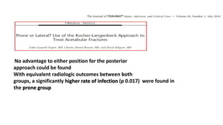 No advantage to either position for the posterior
approach could be found
With equivalent radiologic outcomes between both
groups, a significantly higher rate of infection (p 0.017) were found in
the prone group
 