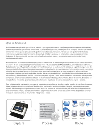 ¿Qué es AutoStore?
AutoStore es una aplicación que utiliza un servidor y que organiza la captura y envío seguro de documentos electrónicos y
en formato impreso a aplicaciones comerciales. El producto es adecuado para empresas de cualquier tamaño que deseen
eliminar los errores que se producen en la gestión manual de documentación. Ya sea que esté gestionando facturas,
reclamaciones, aplicaciones o formularios de solicitud, AutoStore es capaz de automatizar sus procesos comerciales
de gestión de documentos y le permite mejorar la eficacia, reducir costes y cumplir adecuadamente con las leyes y
regulaciones aplicables.

AutoStore utiliza la infraestructura existente y captura información de diferentes periféricos multifunción, correo electrónico,
servidores de fax, carpetas compartidas/públicas, sitios FTP, aplicaciones de Microsoft Office, ordenadores de sobremesa,
flujos de datos tipo XML y otras fuentes. La información capturada es posteriormente procesada según la configuración de
los procesos de trabajo. Las imágenes escaneadas son mejoradas, los formularios se convierten en información electrónica
utilizable, los códigos de barras son leídos, etc. Una vez que el procesamiento se haya completado, la información se
distribuye a cualquier aplicación. Puede ser enviada por fax, correo electrónico, almacenada en un sistema de gestión de
documentos, y posteriormente enviada a sitios FTP, carpetas seguras y otros destinos de forma simultánea. Puede parecer
complicado, pero lo único que tiene que hacer el usuario es conectarse y pulsar un botón. Es así de sencillo. El proceso se
inicia de forma inmediata, garantizando que la información fluya hacia donde se desea de forma rápida y precisa.

Todo esto es posible gracias a los procesos de trabajo personalizables de AutoStore y a los paneles de menú configurables
de los dispositivos multifunciones. Con la ayuda de la herramienta AutoStore Process Designer, los procesos de trabajo
pueden ser preconfigurados y almacenados para reducir el número de pasos manuales que el usuario final debe realizar.
Esta herramienta simple y fácil de utilizar elimina los procesos manuales, lo cual reduce los errores de parte del usuario e
implica un procesamiento de documentos más preciso y eficaz.
 