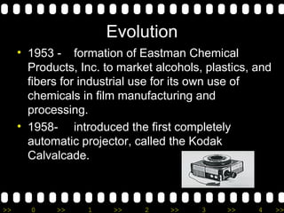 Evolution 1953 - formation of Eastman Chemical Products, Inc. to market alcohols, plastics, and fibers for industrial use for its own use of chemicals in film manufacturing and processing. 1958- introduced the first completely automatic projector, called the Kodak Calvalcade.  