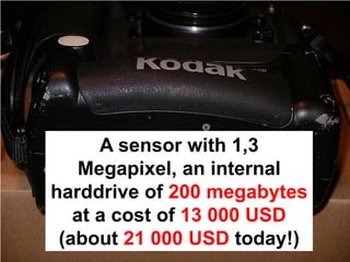A sensor with 1,3
    Megapixel, an internal
harddrive of 200 megabytes
   at a cost of 13 000 USD
 (about 21 000 USD today!)
 
