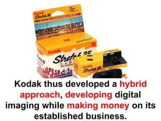Kodak thus developed a hybrid
   approach, developing digital
imaging while making money on its
      established business.
 