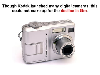 Though Kodak launched many digital cameras, this
    could not make up for the decline in film.
 