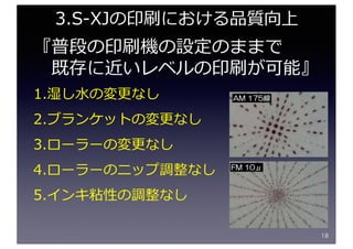 『普段の印刷機の設定のままで
既存に近いレベルの印刷が可能』
1.湿し⽔の変更なし
2.ブランケットの変更なし
3.ローラーの変更なし
4.ローラーのニップ調整なし
5.インキ粘性の調整なし
18
3.S-XJの印刷における品質向上
 