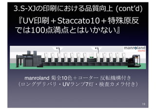 19
3.S-XJの印刷における品質向上 (contʼd)
『UV印刷＋Staccato10＋特殊原反
では100点満点とはいかない』
manroland 菊全10色＋コーター 反転機構付き
（ロングデリバリ・UVランプ7灯・検査カメラ付き）
 