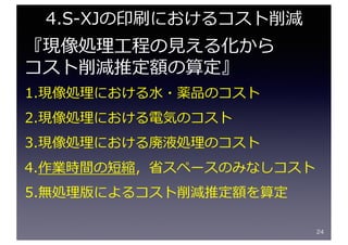 『現像処理⼯程の⾒える化から
コスト削減推定額の算定』
1.現像処理における⽔・薬品のコスト
2.現像処理における電気のコスト
3.現像処理における廃液処理のコスト
4.作業時間の短縮，省スペースのみなしコスト
5.無処理版によるコスト削減推定額を算定
24
4.S-XJの印刷におけるコスト削減
 