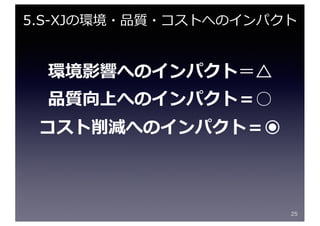 環境影響へのインパクト＝＝△△
品質向上へのインパクト＝○
コスト削減へのインパクト＝◉
25
5.S-XJの環境・品質・コストへのインパクト
 