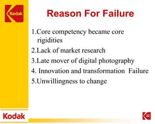 Reason For Failure
1.Core competency became core
  rigidities
2.Lack of market research
3.Late mover of digital photography
4. Innovation and transformation Failure
5.Unwillingness to change



                                       32
 