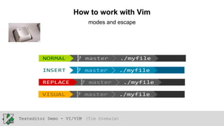 How to work with Vim
modes and escape

Texteditor Demo - VI/VIM (Tim Gremalm)

 