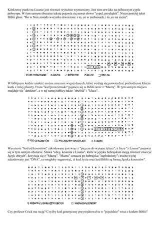 Konkretny punkt na Lisanie jest również wyraźnie wymieniony. Jest nim urwisko na północnym cyplu
półwyspu. W tym samym obszarze tekstu pojawia się nawet słowo "cypel, przylądek". Nieco poniżej tekst
Biblii głosi: "Bo w Nim zostało wszystko stworzone: i to, co w niebiosach, i to, co na ziemi".




W biblijnym kodzie znaleźć można znacznie więcej danych, które wydają się potwierdzać pochodzenie klucza
kodu z innej planety. Fraza "kod pozaziemski" pojawia się w Biblii wraz z "Mazrą". W tym samym miejscu
znajduje się "detektor", a w tej samej tablicy także "obelisk" i "klucz".




Wyrażenie "kod od kosmitów" zakodowane jest wraz z "piecem do wytopu żelaza", a fraza "z Lisanu" pojawia
się w tym samym obszarze. Słowa "obcy, kosmita z Lisanu", które w języku hebrajskim mogą również znaczyć
Język obcych", krzyżują się z "Mazrą". "Mazra" oznacza po hebrajsku "zapłodniony"; trochę wyżej
zakodowany jest "DNA", co mogłoby sugerować, iż kod życia oraz kod Biblii są formą Języka kosmitów".




Czy profesor Crick ma rację? Czyżby kod genetyczny przywędrował tu w "pojeździe" wraz z kodem Biblii?
 