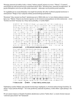 Wracając ponownie do tablicy kodu, w której "stalowy pojazd" pojawia się wraz z "Mazrą" i "Lisanem",
zauważyłem tuż nad tym pierwszym wyrażeniem ukryty tekst: "przechwycony, zmuszony do lądowania". W
języku hebrajskim zwrot ten ma tylko jedno znaczenie – odnoszące się do przechwycenia samolotu.

To wyglądało już na czystą fantastykę i nie mogło być prawdą. Jak sobie wyobrazić pojazdy kosmiczne w
starożytności? Mogły to być wyłącznie obiekty pozaziemskiego pochodzenia.

Wyrażenie "obcy, kosmici na Ziemi" zakodowane jest w Biblii tylko raz i w tym właśnie jedynym miejscu
łączy się z "Mazrą". Pojawia się również sugestia, że ich wizyta na naszej planecie nie była zamierzona – zwrot
"kosmici na Ziemi" krzyżuje się z frazą "przez pomyłkę, w wyniku błędu".




Najbardziej czytelny biblijny opis pojazdu kosmicznego znajdujemy w otwartym tekście Księgi Ezechiela. To
słynna "wizja rydwanu Bożego": "oto wiatr gwałtowny nadszedł od północy, wielki obłok i ogień płonący" (Ez
1,4-5).

W tym samym miejscu w Księdze Ezechiela zakodowane są słowa "ludzie obcy", co może również znaczyć
"człowiek spoza Ziemi" lub "humanoid".
 