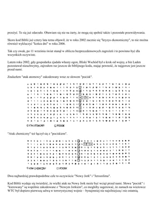 przeżyć. To się już zdarzało. Obawiam się nie na żarty, że mogą się spełnić także i pozostałe przewidywania.

Skoro kod Biblii już cztery lata temu objawił, że w roku 2002 zacznie się "kryzys ekonomiczny", to nie można
również wykluczyć "końca dni" w roku 2006.

Tak czy owak, po 11 września świat stanął w obliczu bezprecedensowych zagrożeń i to powinno być dla
wszystkich oczywiste.

Latem roku 2002, gdy gospodarka zjadała własny ogon, Bliski Wschód był o krok od wojny, a bin Laden
pozostawał nieuchwytny, zajrzałem raz jeszcze do biblijnego kodu, mając pewność, że najgorsze jest jeszcze
przed nami.

Znalazłem "atak atomowy" zakodowany wraz ze słowem "pocisk".




"Atak chemiczny" też łączył się z "pociskiem".




Dwa najbardziej prawdopodobne cele to oczywiście "Nowy Jork" i "Jerozolima".

Kod Biblii wydaje się twierdzić, że wielki atak na Nowy Jork może być wciąż przed nami. Słowa "pocisk" i
"kierowany" są wspólnie zakodowane z "Nowym Jorkiem", co mogłoby sugerować, że zamach na wieżowce
WTC był dopiero pierwszą salwą w terrorystycznej wojnie – bynajmniej nie najsilniejszą i nie ostatnią.
 