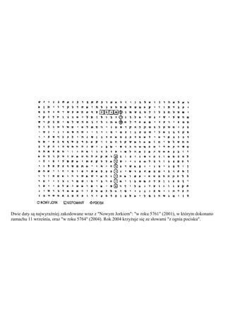 Dwie daty są najwyraźniej zakodowane wraz z "Nowym Jorkiem": "w roku 5761" (2001), w którym dokonano
zamachu 11 września, oraz "w roku 5764" (2004). Rok 2004 krzyżuje się ze słowami "z ognia pocisku".
 