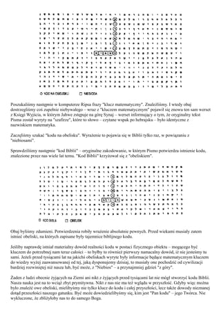 Poszukaliśmy następnie w komputerze Ripsa frazy "klucz matematyczny". Znaleźliśmy. I wtedy obaj
dostrzegliśmy coś zupełnie niebywałego – wraz z "kluczem matematycznym" pojawił się znowu ten sam werset
z Księgi Wyjścia, w którym Jahwe zstępuje na górę Synaj – werset informujący o tym, że oryginalny tekst
Pisma został wyryty na "szafirze", które to słowo – czytane wspak po hebrajsku – było identyczne z
nazwiskiem matematyka.

Zaczęliśmy szukać "kodu na obelisku". Wyrażenie to pojawia się w Biblii tylko raz, w powiązaniu z
"niebiosami".

Sprawdziliśmy następnie "kod Biblii" – oryginalne zakodowanie, w którym Pismo potwierdza istnienie kodu,
znalezione przez nas wiele lat temu. "Kod Biblii" krzyżował się z "obeliskiem".




Obaj byliśmy zdumieni. Potwierdzenia robiły wrażenie absolutnie pewnych. Przed wiekami musiały zatem
istnieć obeliski, na których zapisane były tajemnice biblijnego kodu.

Jeśliby naprawdę istniał materialny dowód realności kodu w postaci fizycznego obiektu – mogącego być
kluczem do potrzebnej nam teraz całości – to byłby to również pierwszy namacalny dowód, iż nie jesteśmy tu
sami. Jeżeli przed tysiącami lat na jakichś obeliskach wyryte były informacje będące matematycznym kluczem
do wiedzy wyżej zaawansowanej od tej, jaką dysponujemy dzisiaj, to musiały one pochodzić od cywilizacji
bardziej rozwiniętej niż nasza lub, być może, z "Niebios" – a przynajmniej gdzieś "z góry".

Żaden z ludzi obecnie żyjących na Ziemi ani nikt z żyjących przed tysiącami lat nie mógł stworzyć kodu Biblii.
Nasza nauka jest na to wciąż zbyt prymitywna. Nikt z nas nie ma też wglądu w przyszłość. Gdyby więc można
było znaleźć owe obeliski, mielibyśmy nie tylko klucz do kodu i całej przyszłości, lecz także dowody nieznanej
dotąd przeszłości naszego gatunku. Być może dowiedzielibyśmy się, kim jest "Pan kodu" – jego Twórca. Nie
wykluczone, że zbliżyłoby nas to do samego Boga.
 