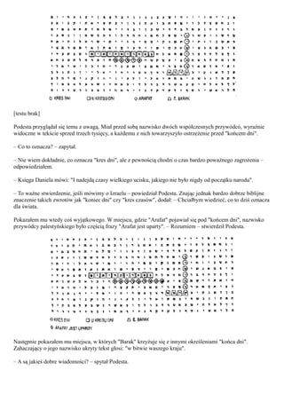 [testu brak]

Podesta przyglądał się temu z uwagą. Miał przed sobą nazwisko dwóch współczesnych przywódcó, wyraźnie
widoczne w tekście sprzed trzech tysięcy, a każdemu z nich towarzyszyło ostrzeżenie przed "końcem dni".

– Co to oznacza? – zapytał.

– Nie wiem dokładnie, co oznacza "kres dni", ale z pewnością chodzi o czas bardzo poważnego zagrożenia –
odpowiedziałem.

– Księga Daniela mówi: "I nadejdą czasy wielkiego ucisku, jakiego nie było nigdy od początku narodu".

– To ważne stwierdzenie, jeśli mówimy o Izraelu – powiedział Podesta. Znając jednak bardzo dobrze biblijne
znaczenie takich zwrotów jak "koniec dni" czy "kres czasów", dodał: – Chciałbym wiedzieć, co to dziś oznacza
dla świata.

Pokazałem mu wtedy coś wyjątkowego. W miejscu, gdzie "Arafat" pojawiał się pod "końcem dni", nazwisko
przywódcy palestyńskiego było częścią frazy "Arafat jest uparty". – Rozumiem – stwierdził Podesta.




Następnie pokazałem mu miejsca, w których "Barak" krzyżuje się z innymi określeniami "końca dni".
Zahaczający o jego nazwisko ukryty tekst głosi: "w bitwie waszego kraju".

– A są jakieś dobre wiadomości? – spytał Podesta.
 