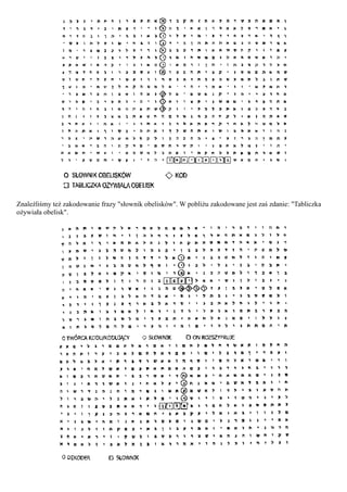 Znaleźliśmy też zakodowanie frazy "słownik obelisków". W pobliżu zakodowane jest zaś zdanie: "Tabliczka
ożywiała obelisk".
 