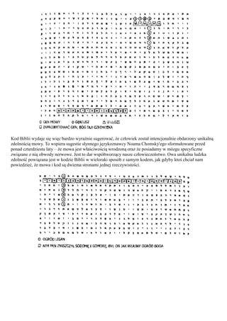 Kod Biblii wydaje się więc bardzo wyraźnie sugerować, że człowiek został intencjonalnie obdarzony unikalną
zdolnością mowy. To wspiera sugestie słynnego językoznawcy Noama Chomsky'ego sformułowane przed
ponad czterdziestu laty – że mowa jest właściwością wrodzoną oraz że posiadamy w mózgu specyficzne
związane z nią obwody nerwowe. Jest to dar współtworzący nasze człowieczeństwo. Owa unikalna ludzka
zdolność powiązana jest w kodzie Biblii w wieloraki sposób z samym kodem, jak gdyby ktoś chciał nam
powiedzieć, że mowa i kod są dwiema stronami jednej rzeczywistości.
 