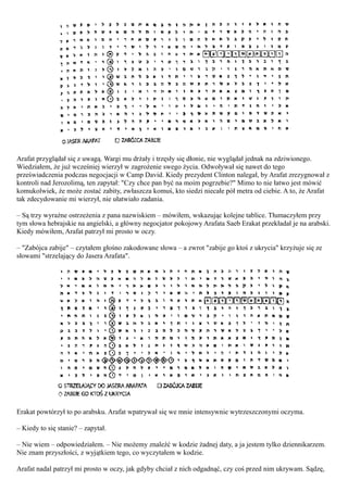 Arafat przyglądał się z uwagą. Wargi mu drżały i trzęsły się dłonie, nie wyglądał jednak na zdziwionego.
Wiedziałem, że już wcześniej wierzył w zagrożenie swego życia. Odwoływał się nawet do tego
przeświadczenia podczas negocjacji w Camp David. Kiedy prezydent Clinton nalegał, by Arafat zrezygnował z
kontroli nad Jerozolimą, ten zapytał: "Czy chce pan być na moim pogrzebie?" Mimo to nie łatwo jest mówić
komukolwiek, że może zostać zabity, zwłaszcza komuś, kto siedzi niecałe pół metra od ciebie. A to, że Arafat
tak zdecydowanie mi wierzył, nie ułatwiało zadania.

– Są trzy wyraźne ostrzeżenia z pana nazwiskiem – mówiłem, wskazując kolejne tablice. Tłumaczyłem przy
tym słowa hebrajskie na angielski, a główny negocjator pokojowy Arafata Saeb Erakat przekładał je na arabski.
Kiedy mówiłem, Arafat patrzył mi prosto w oczy.

– "Zabójca zabije" – czytałem głośno zakodowane słowa – a zwrot "zabije go ktoś z ukrycia" krzyżuje się ze
słowami "strzelający do Jasera Arafata".




Erakat powtórzył to po arabsku. Arafat wpatrywał się we mnie intensywnie wytrzeszczonymi oczyma.

– Kiedy to się stanie? – zapytał.

– Nie wiem – odpowiedziałem. – Nie możemy znaleźć w kodzie żadnej daty, a ja jestem tylko dziennikarzem.
Nie znam przyszłości, z wyjątkiem tego, co wyczytałem w kodzie.

Arafat nadal patrzył mi prosto w oczy, jak gdyby chciał z nich odgadnąć, czy coś przed nim ukrywam. Sądzę,
 