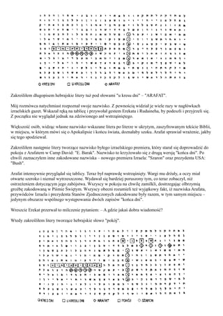 Zakreśliłem długopisem hebrajskie litery tuż pod słowami "u kresu dni" – "ARAFAT".

Mój rozmówca natychmiast rozpoznał swoje nazwisko. Z pewnością widział je wiele razy w nagłówkach
izraelskich gazet. Wskazał ręką na tablicę i przywołał gestem Erekata i Rudaineha, by podeszli i przyjrzeli się.
Z początku nie wyglądał jednak na zdziwionego anł wstrząśniętego.

Większość osób, widząc własne nazwisko wskazane litera po literze w ukrytym, zaszyfrowanym tekście Biblii,
w miejscu, w którym mówi się o Apokalipsie i końcu świata, doznałaby szoku. Arafat sprawiał wrażenie, jakby
się tego spodziewał.

Zakreśliłem następnie litery tworzące nazwisko byłego izraelskiego premiera, który starał się doprowadzić do
pokoju z Arafatem w Camp David: "E. Barak". Nazwisko to krzyżowało się z drugą wersją "końca dni". Po
chwili zaznaczyłem inne zakodowane nazwiska – nowego premiera Izraela: "Szaron" oraz prezydenta USA:
"Bush".

Arafat intensywnie przyglądał się tablicy. Teraz był naprawdę wstrząśnięty. Wargi mu drżały, a oczy miał
otwarte szeroko i niemal wytrzeszczone. Wydawał się bardziej poruszony tym, co teraz zobaczył, niż
ostrzeżeniem dotyczącym jego zabójstwa. Wszyscy w pokoju na chwilę zamilkli, dostrzegając olbrzymią
groźbę zakodowaną w Piśmie Świętym. Wszyscy obecni rozumieli też wyjątkowy fakt, iż nazwiska Arafata,
przywódców Izraela i prezydenta Stanów Zjednoczonych zakodowane były razem, w tym samym miejscu –
jedynym obszarze wspólnego występowania dwóch zapisów "końca dni".

Wreszcie Erekat przerwał to milczenie pytaniem: – A gdzie jakaś dobra wiadomość?

Wtedy zakreśliłem litery tworzące hebrajskie słowo "pokój".
 