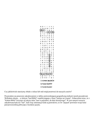 Czy jakikolwiek starożytny obiekt z żelaza lub stali mógł przetrwać do naszych czasów?

Przyjrzałem się ponownie zakodowaniem w tablicy potwierdzającej geograficzną trafność moich poszukiwań.
Wybrałem obszar, – w którym "kod Biblii" współwystępuje z frazą "istnieje na Lisanie". Zobaczyłem teraz, że z
"kodem Biblii" krzyżuje się ukryty tekst "tam w pojeździe, do dnia dzisiejszego". W tym samym wersecie
zakodowana była też "stal". Jeśli więc informacje kodu są prawdziwe, to ów "pojazd" powinien wciąż leżeć
pod powierzchnią półwyspu o kształcie języka.
 