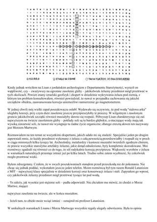 Kiedy jednak wróciłem na Lisan z jordańskim archeologiem z Departamentu Starożytności, wyraził on
wątpliwość, czy – zważywszy na ogromne zasolenie gleby – jakikolwiek żelazny przedmiot mógł przetrwać w
tych okolicach. Pewien znany izraelski geofizyk i ekspert w dziedzinie wykrywania żelaza pod ziemią, z
którym ten problem konsultowałem, również powiedział, że nawet w przypadku zachowania się jakichś
szczątków obiektu, zaawansowana korozja uniemożliwi namierzenie go magnetometrem.

W jednej chwili mój wielki zapał poszukiwacza osłabł. Wydawało się oczywiste, że pod wodą "stalowa arka"
uległaby korozji, przy czym duże zasolenie jeszcze przyśpieszyłoby te procesy. W wilgotnym i zasolonym
gruncie jakiekolwiek szczątki również musiałyby dawno się rozpaść. Półwysep Lisan charakteryzuje się zaś
najwyższym na świecie zasoleniem gleby – pokłady soli są tu bardzo głębokie, a otaczające wody mają tak
wysoką zawartość soli, że nawet nie występuje tu żadne życie organiczne; dlatego zresztą akwen ten nazywany
jest Morzem Martwym.

Rozmawiałem na ten temat ze wszystkimi ekspertami, jakich udało mi się znaleźć. Specjaliści jeden po drugim
zapewniali mnie, że każdy przedmiot wykonany z żelaza z całą pewnością przerdzewiałby i rozpadł się w proch
w ciągu minionych kilku tysięcy lat. Archeolodzy, metalurdzy i kustosze muzealni twierdzili zgodnym chórem,
że prawie wszystkie starożytne artefakty żelazne, jakie dotąd odnaleziono, byty kompletnie skorodowane. Moi
rozmówcy zgadzali się również co do tego, że sól radykalnie korozję przyśpiesza. Większość wyrobów z żelaza
w warunkach naturalnych przestaje istnieć już po kilku latach. Trudno sobie zatem wyobrazić, by cokolwiek
mogło przetrwać wieki.

Byłem zdruzgotany. Czułem, że w swych poszukiwaniach stanąłem przed przeszkodą nie do pokonania. Nie
chcąc się jednak poddać, wykonałem jeszcze jeden telefon. Moim rozmówcą był tym razem Ronald Latanision
z MIT – najwyższej klasy specjalista w dziedzinie korozji oraz konserwacji żelaza i stali. Zapytałem go wprost,
czy jakikolwiek żelazny przedmiot mógł przetrwać tysiące lat pod wodą.

– To zależy, jak wysokie jest stężenie soli – padła odpowiedź. Nie chciałem mu mówić, że chodzi o Morze
Martwe, mające

najwyższe zasolenie na świecie, ale w końcu musiałem.

– Jeżeli tam, to obiekt może wciąż istnieć – oznajmił mi profesor Latanision.

W unikalnych warunkach Lisanu i Morza Martwego wszystkie reguły ulegały odwróceniu. Była to opinia
 
