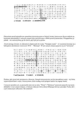 Ostrzeżenie przed największym zamachem terrorystycznym w historii świata i pierwszym obcym atakiem na
kontynent amerykański w naszych czasach było zaszyfrowane w Biblii przed tysiącleciami. Przegapiliśmy je
jednak – nie zauważyliśmy go do chwili, gdy było już za późno.

A kod ostrzega również, że zdarzenie to doprowadzi do wojny. "Następna wojna" – to wyrażenie krzyżuje się z
hebrajskim określeniem wieżowców WTC – "Bliźnięta". W tym samym miejscu pojawia się też "terrorysta".




Przekaz, jaki niesie kod, przyprawia o dreszcze. Zamach terrorystyczny ma być początkiem wojny – tej, którą
wypowiedział Bush: wojny z terroryzmem, która według wielu prognoz będzie się ciągnąć latami.

I wreszcie ujrzałem coś, co przeraziło mnie nie na żarty. "Wieże" i "bliźniacze" ponownie pojawiły się razem
dokładnie w tym samym miejscu, w którym widoczne słowa tekstu biblijnego mówią o początku "końca dni",
czyli ostatecznym odliczaniu "dni ostatnich".
 