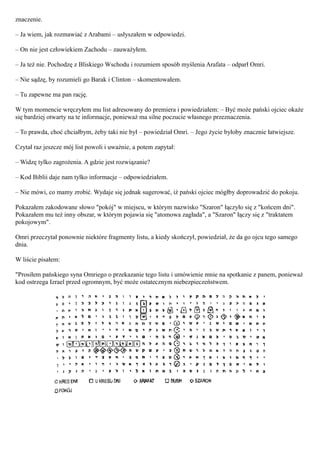 znaczenie.

– Ja wiem, jak rozmawiać z Arabami – usłyszałem w odpowiedzi.

– On nie jest człowiekiem Zachodu – zauważyłem.

– Ja też nie. Pochodzę z Bliskiego Wschodu i rozumiem sposób myślenia Arafata – odparł Omri.

– Nie sądzę, by rozumieli go Barak i Clinton – skomentowałem.

– Tu zapewne ma pan rację.

W tym momencie wręczyłem mu list adresowany do premiera i powiedziałem: – Być może pański ojciec okaże
się bardziej otwarty na te informacje, ponieważ ma silne poczucie własnego przeznaczenia.

– To prawda, choć chciałbym, żeby taki nie był – powiedział Omri. – Jego życie byłoby znacznie łatwiejsze.

Czytał raz jeszcze mój list powoli i uważnie, a potem zapytał:

– Widzę tylko zagrożenia. A gdzie jest rozwiązanie?

– Kod Biblii daje nam tylko informacje – odpowiedziałem.

– Nie mówi, co mamy zrobić. Wydaje się jednak sugerować, iż pański ojciec mógłby doprowadzić do pokoju.

Pokazałem zakodowane słowo "pokój" w miejscu, w którym nazwisko "Szaron" łączyło się z "końcem dni".
Pokazałem mu też inny obszar, w którym pojawia się "atomowa zagłada", a "Szaron" łączy się z "traktatem
pokojowym".

Omri przeczytał ponownie niektóre fragmenty listu, a kiedy skończył, powiedział, że da go ojcu tego samego
dnia.

W liście pisałem:

"Prosiłem pańskiego syna Omriego o przekazanie tego listu i umówienie mnie na spotkanie z panem, ponieważ
kod ostrzega Izrael przed ogromnym, być może ostatecznym niebezpieczeństwem.
 