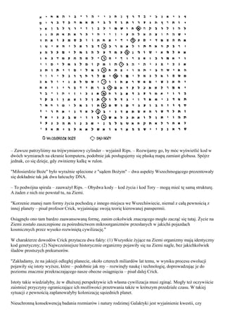 – Zawsze patrzyliśmy na trójwymiarowy cylinder – wyjaśnił Rips. – Rozwijamy go, by móc wyświetlić kod w
dwóch wymiarach na ekranie komputera, podobnie jak posługujemy się płaską mapą zamiast globusa. Spójrz
jednak, co się dzieje, gdy zwiniemy kalkę w rulon.

"Miłosierdzie Boże" było wyraźnie splecione z "sądem Bożym" – dwa aspekty Wszechmogącego prezentowały
się dokładnie tak jak dwa łańcuchy DNA.

– To podwójna spirala – zauważył Rips. – Obydwa kody – kod życia i kod Tory – mogą mieć tę samą strukturę.
A żaden z nich nie powstał tu, na Ziemi.

"Korzenie znanej nam formy życia pochodzą z innego miejsca we Wszechświecie, niemal z całą pewnością z
innej planety – pisał profesor Crick, wyjaśniając swoją teorię kierowanej panspermii.

Osiągnęło ono tam bardzo zaawansowaną formę, zanim cokolwiek znaczącego mogło zacząć się tutaj. Życie na
Ziemi zostało zaszczepione za pośrednictwem mikroorganizmów przesłanych w jakichś pojazdach
kosmicznych przez wysoko rozwiniętą cywilizację."

W charakterze dowodów Crick przytacza dwa fakty: (1) Wszystkie żyjące na Ziemi organizmy mają identyczny
kod genetyczny; (2) Najwcześniejsze historycznie organizmy pojawiły się na Ziemi nagle, bez jakichkolwiek
śladów prostszych prekursorów.

"Zakładamy, że na jakiejś odległej planecie, około czterech miliardów lat temu, w wyniku procesu ewolucji
pojawiły się istoty wyższe, które – podobnie jak my – rozwinęły naukę i technologię, doprowadzając je do
poziomu znacznie przekraczającego nasze obecne osiągnięcia – pisał dalej Crick.

Istoty takie wiedziałyby, że w dłuższej perspektywie ich własna cywilizacja musi zginąć. Mogły też oczywiście
zaistnieć przyczyny ograniczające ich możliwości przetrwania także w krótszym przedziale czasu. W takiej
sytuacji z pewnością zaplanowałyby kolonizację sąsiednich planet.

Nieuchronną konsekwencją badania rozmiarów i natury rodzimej Galaktyki jest wyjaśnienie kwestii, czy
 