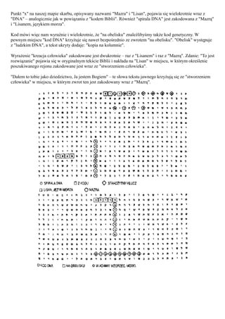 Punkt "x" na naszej mapie skarbu, opisywany nazwami "Mazra" i "Lisan", pojawia się wielokrotnie wraz z
"DNA" – analogicznie jak w powiązaniu z "kodem Biblii". Również "spirala DNA" jest zakodowana z "Mazrą"
i "Lisanem, językiem morza".

Kod mówi więc nam wyraźnie i wielokrotnie, że "na obelisku" znaleźlibyśmy także kod genetyczny. W
pewnym miejscu "kod DNA" krzyżuje się nawet bezpośrednio ze zwrotem "na obelisku". "Obelisk" występuje
z "ludzkim DNA", a tekst ukryty dodaje: "kopia na kolumnie".

Wyrażenie "kreacja człowieka" zakodowane jest dwukrotnie – raz z "Lisanem" i raz z "Mazrą". Zdanie: "To jest
rozwiązanie" pojawia się w oryginalnym tekście Biblii i nakłada na "Lisan" w miejscu, w którym określenie
poszukiwanego rejonu zakodowane jest wraz ze "stworzeniem człowieka".

"Dałem to tobie jako dziedzictwo, Ja jestem Bogiem" – te słowa tekstu jawnego krzyżują się ze "stworzeniem
człowieka" w miejscu, w którym zwrot ten jest zakodowany wraz z "Mazrą".
 