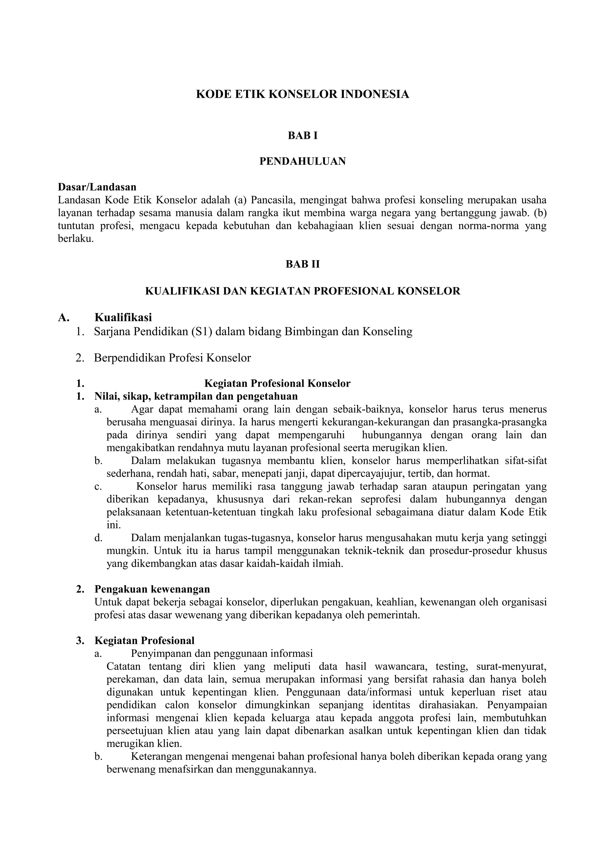 Kode etik konselor indonesia | DOC